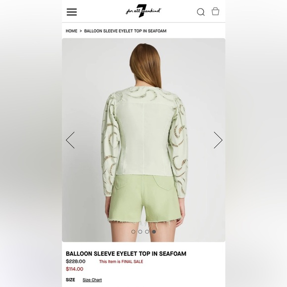 7 FOR ALL MANKIND BALLOON SLEEVE EYELET TOP IN SEAFOAM NWT - Picture 4 of 13